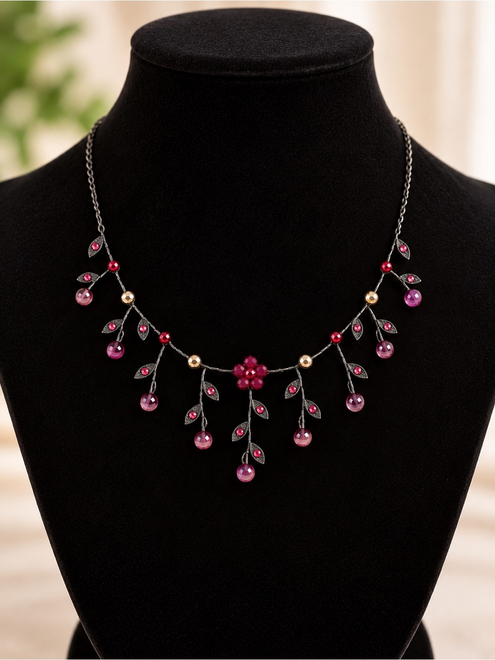 Pink Red Crystal Floral Vine Statement Necklace Gunmetal Boho